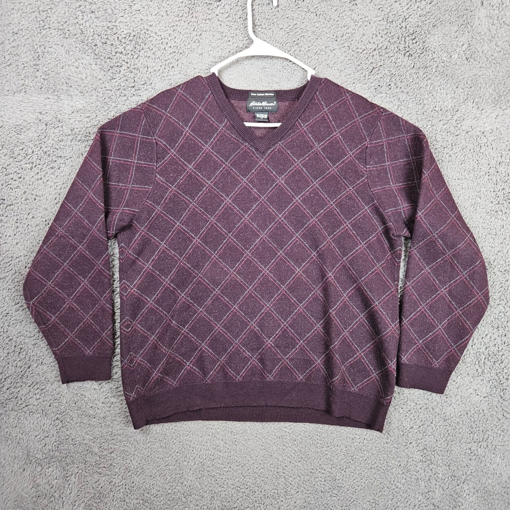 Eddie Bauer Mens Large V-Neck Sweater Fine Italian Merino Wool Burgundy Argyle